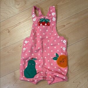 Baby Boden Pink Polka Dot Kids Overalls with Fruit Patches Size 9-12 months